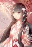  absurdres bad_id bad_pixiv_id black_hair cherry_blossoms fusou_(zhan_jian_shao_nyu) hair_ornament highres holding_hands japanese_clothes kimono light_rays lingmuqianyi long_hair smile sunlight yellow_eyes zhan_jian_shao_nyu 