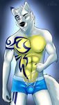  2017 5_fingers abs anthro biceps biped black_claws black_nose blue_bottomwear blue_clothing blue_eyes blue_underwear boxers_(clothing) bulge canine cinta claws clothed clothing digital_media_(artwork) eyebrows fahleir front_view fur gradient_background hair hi_res male mammal multicolored_fur muscular muscular_male navel nipples pecs portrait reverse_countershading signature simple_background smile snout solo standing tattoo three-quarter_portrait two_tone_fur ulric_arnoux underwear white_fur white_hair white_tail wolf yellow_countershading yellow_fur 