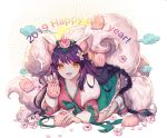  1girl 2019 :d ahri animal animal_ear_fluff animal_ears boar braid brown_eyes brown_hair chinese_zodiac cloud commentary english_commentary fangs fingernails flower fox_ears fox_girl fox_tail fur_collar hair_flower hair_ornament happy_new_year hayanpool highres holding holding_animal league_of_legends long_hair nail_polish new_year open_mouth pink_flower pink_nails red_footwear shoes smile socks solo tail very_long_hair white_flower white_legwear year_of_the_pig 
