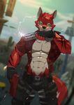  2017 abs anthro canine clothed clothing fur gun male mammal muscular muscular_male one_eye_closed open_shirt pants pecs ranged_weapon red_fur scar silentheaven simple_background solo weapon wink wolf 