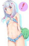  &gt;:( 1girl arms_behind_back bangs bare_arms bare_shoulders bikini bikini_skirt blue_bikini blue_eyes blunt_bangs blush bow breasts closed_mouth commentary cowboy_shot eromanga_sensei eyebrows_visible_through_hair frown hair_bow holding izumi_sagiri long_hair looking_at_viewer mia_(kuja999) navel pink_bow sidelocks silver_hair simple_background small_breasts solo spoken_exclamation_mark standing stomach stuffed_animal stuffed_octopus stuffed_toy swimsuit underboob v-shaped_eyebrows very_long_hair wavy_mouth white_background white_bow 