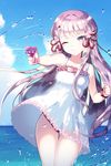  ;) bangs blush cherry_blossoms closed_mouth dress eyebrows_visible_through_hair foreshortening frilled_dress frills gun hair_ornament holding holding_gun holding_weapon long_hair mechuragi one_eye_closed pintail purple_eyes purple_hair see-through_silhouette smile solo sundress sword_girls thighs water_gun weapon white_dress 