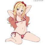  :d arms_up artist_name baba_arumi bangs barefoot bikini blonde_hair blush breasts brown_eyes cameltoe dated drill_hair eromanga_sensei folded_leg full_body hair_ribbon long_hair looking_at_viewer navel open_mouth parted_bangs pink_bikini ribbon side-tie_bikini sidelocks simple_background sitting small_breasts smile solo swimsuit twin_drills wariza white_background yamada_elf 