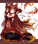  absurdres animal_ears anthuria arms_behind_head black_legwear blush breasts cleavage detached_sleeves dress erune fire granblue_fantasy hair_ornament head_tilt highres long_hair looking_at_viewer medium_breasts red_dress red_eyes red_hair short_dress smile solo thighhighs zhou_yu_(ppaaqz1995) 