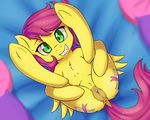  2017 anus butt clitoris cutie_mark dock equine fan_character fearingfun female green_eyes grin hair looking_at_viewer lying mammal my_little_pony on_back pegasus pillow pussy smile solo wings 