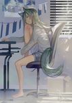  animal_ears artist_name bangs bare_legs barefoot blue_shorts bored box cardboard_box chair dappled_sunlight dated day denim denim_shorts empty_eyes from_side full_body green_eyes green_hair head_rest head_tilt highres indoors keyboard_(computer) knee_up long_hair long_sleeves ookamisama original poster_(object) room shorts shutter signature sitting sleeves_past_wrists solo sunlight sweater swept_bangs table tail white_sweater wolf_ears wolf_tail 