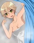  1girl anshoiki blonde_hair blush brave_witches breasts cleavage dark_skin large_breasts solo towel waltrud_krupinski world_witches_series 
