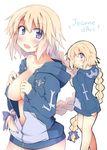  :d blonde_hair blue_eyes blush braid breasts cleavage collarbone english eyebrows_visible_through_hair fate/apocrypha fate_(series) headpiece hood hoodie jeanne_d'arc_(fate) jeanne_d'arc_(fate)_(all) large_breasts long_hair looking_at_viewer naked_hoodie open_clothes open_mouth purple_ribbon ribbon simple_background single_braid smile solo standing very_long_hair white_background yuuhi_alpha 