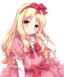  arm_at_side bangs blonde_hair blush bow bowtie brooch brown_eyes closed_mouth collarbone commentary_request dress drill_hair eromanga_sensei eyebrows_visible_through_hair flat_chest fuuna hair_bow hairband head_tilt highres jewelry layered_dress layered_sleeves long_hair long_sleeves looking_at_viewer parted_bangs pink_dress puffy_short_sleeves puffy_sleeves red_bow red_hairband red_neckwear shiny shiny_hair short_over_long_sleeves short_sleeves simple_background smile solo tareme twin_drills upper_body v white_background yamada_elf 