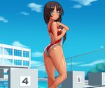  ass back_cutout black_hair blue_eyes blush competition_swimsuit day kuroonehalf long_hair looking_at_viewer looking_back one-piece_swimsuit pool school smile solo summer swimsuit wet 