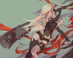  1girl android bare_shoulders black_gloves black_legwear black_shirt black_tank_top blue_eyes blush breasts elbow_gloves gloves greatsword hair_between_eyes holding holding_sword holding_weapon long_hair looking_at_viewer nier_(series) nier_automata parted_lips saimon_ma shirt short_shorts shorts silver_hair simple_background solo sword thighhighs weapon yorha_type_a_no._2 