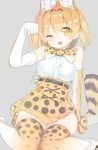  :p ;3 ;p animal_ears bad_id bad_pixiv_id blonde_hair blush breasts commentary_request elbow_gloves extra_ears gloves grey_background hand_up high-waist_skirt highres kamioka_shun'ya kemono_friends looking_at_viewer medium_breasts one_eye_closed serval_(kemono_friends) serval_ears serval_print short_hair simple_background sitting skirt solo tail thighhighs tongue tongue_out wariza white_gloves yellow_eyes 