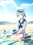  androgynous aqua_hair bangs blue_eyes closed_mouth copyright_request day hat legs_together looking_at_viewer mechuragi outdoors paper_boat sailor sailor_collar sailor_hat seiza shallow_water short_hair short_sleeves shorts sitting solo 