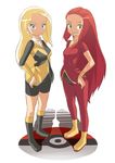  2girl bike_shorts black_shorts blonde_hair blue_eyes boots curry_(dbt) earrings electra_(nchallenge) green_eyes hand_on_hip lena_(nchallenge) long_hair looking_at_viewer nchallenge pokeball red_hair red_pants simple_background sisters 