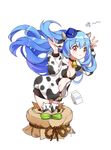  absurdres animal_ears animal_print bell bell_collar black_bra blue_hair bra breasts chinese cleavage collar cow_bell cow_ears cow_print floating_hair hands_up highres jacket kneeling long_hair looking_at_viewer mana_(418208360) medium_breasts navel open_clothes open_jacket quincy_(zhan_jian_shao_nyu) red_eyes smile underwear zhan_jian_shao_nyu 