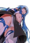  black_skirt blindfold blue_hair closed_mouth expressionless flat_chest from_below leotard long_hair looking_to_the_side navel ore_twintail_ni_narimasu simple_background skirt solo tailblue thighhighs twintails upskirt white_background yuto_(dialique) 