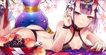  adjusting_hair alcohol ass bad_id bad_pixiv_id bangs bare_back bare_legs blunt_bangs blush bracelet breasts cherry_blossoms closed_mouth collar collarbone cup eyebrows_visible_through_hair eyeshadow fate/grand_order fate_(series) flower food foreshortening fruit gourd gours grapes hair_flower hair_ornament hand_up headpiece highres horns ichinosenen jewelry legs_up looking_at_viewer lying makeup on_stomach oni oni_horns peach petals purple_eyes purple_hair revealing_clothes ring sakazuki sake short_hair shuten_douji_(fate/grand_order) small_breasts smile the_pose tsurime 