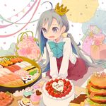  ahoge birthday birthday_cake blue_bow blue_hair blue_neckwear bouquet bow bowtie cake colis commentary_request confetti crown cupcake cutting_board dress drooling flower food fruit gift grey_eyes grey_hair grey_legwear hair_between_eyes hamburger happy_birthday heart kantai_collection kiyoshimo_(kantai_collection) long_hair long_sleeves looking_down low_twintails macaron mini_crown multicolored_hair no_shoes open_mouth pantyhose shirt simple_background sitting sleeveless sleeveless_dress solo strawberry streamers string_of_flags sushi twintails twitter_username v_arms very_long_hair wariza white_background white_shirt 