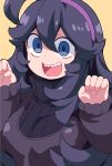  1girl :d absurdres ahoge al_bhed_eyes bangs black_sweater blue_eyes breasts claw_pose creatures_(company) game_freak hair_between_eyes hairband hands_up hex_maniac_(pokemon) highres long_hair long_sleeves looking_at_viewer medium_breasts nazonazo_(nazonazot) nintendo open_mouth pokemon pokemon_(game) pokemon_xy purple_hair purple_hairband ribbed_sweater sharp_teeth shiny shiny_hair simple_background smile solo sweater teeth turtleneck turtleneck_sweater upper_body upper_teeth yellow_background 