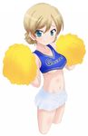  1girl blonde_hair blue_eyes blush breasts cheerleader darjeeling girls_und_panzer large_breasts midriff nagarakawa_shiraku navel no_bra solo 