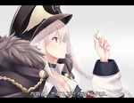  blush breasts choker cleavage fur_trim german_clothes girls_frontline hat highres i.f.s.f iron_cross jacket jewelry kar98k_(girls_frontline) korean letterboxed long_hair medium_breasts red_eyes ring silver_hair smile solo translated wedding_band 