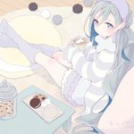  alternate_costume blue_hair chocolate_chip_cookie colis cookie cookie_jar cup cushion food frilled_skirt frills grey_eyes grey_hair grey_legwear hair_between_eyes hairband holding holding_cup hot_chocolate jar kantai_collection kiyoshimo_(kantai_collection) kneehighs long_hair long_sleeves looking_at_viewer looking_to_the_side loose_socks low_twintails marshmallow mug multicolored_hair oreo rug sitting skirt sleeves_past_wrists socks solo striped striped_sweater sweater table tray twintails twitter_username very_long_hair wooden_floor 