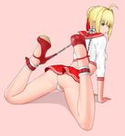  ahoge all_fours ankle_cuffs bdsm bondage bound cameltoe chain collar cuffs fate/extra fate_(series) green_eyes hair_intakes high_heels highres lips looking_at_viewer looking_back miniskirt nero_claudius_(fate) nero_claudius_(fate)_(all) panties pink_background platform_footwear platform_heels school_uniform shadow shady_(373162955) skirt solo thong underwear white_panties 