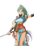  fire_emblem fire_emblem:_rekka_no_ken green_eyes green_hair highres holding holding_sword holding_weapon kyou_(ningiou) long_hair looking_at_viewer lyndis_(fire_emblem) ponytail simple_background smile solo sword very_long_hair weapon white_background 