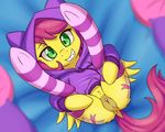  2017 anus butt clitoris clothed clothing cutie_mark dock equine fan_character fearingfun female green_eyes grin hair hoodie legwear looking_at_viewer lying mammal my_little_pony on_back pegasus pillow pussy smile solo striped_legwear stripes wings 