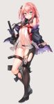  1girl absurdres ar-15 bangs beige_background black_footwear black_panties blue_eyes blue_hair blush breasts brown_legwear clothes_writing dress eyebrows_visible_through_hair fingerless_gloves full_body girls_frontline gloves gun hair_between_eyes hair_ornament headphones headphones_around_neck highres holding jacket kneehighs long_hair looking_at_viewer magpul multicolored_hair navel off_shoulder one_side_up open_clothes open_dress open_jacket open_mouth painteen panties pink_hair pouch rifle scarf shoes side_ponytail sidelocks simple_background single_fingerless_glove single_kneehigh single_thighhigh skindentation small_breasts snap-fit_buckle solo st_ar-15_(girls_frontline) stomach strap streaked_hair thigh_strap thighhighs torn_clothes torn_jacket torn_legwear translucent_dress underwear weapon white_dress 