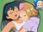  eureka_(pokemon) hug naughty_face pokemon pokemon_xy_(anime) satoshi_(pokemon) serena_(pokemon) sleeping taking_picture 
