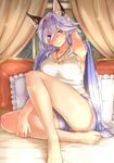  abo_(hechouchou) animal_ears bangs barefoot blush breasts collarbone commentary_request curtains erune granblue_fantasy hair_between_eyes hairband hand_in_hair heles indoors jewelry knee_up large_breasts legs long_hair looking_at_viewer necklace on_bed pendant pillow red_eyes shorts silver_hair sitting smile solo thighs white_tank_top window 