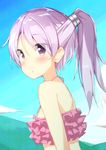  :o alternate_hairstyle bad_id bad_pixiv_id bangs bikini blush breasts commentary_request day eyebrows_visible_through_hair frilled_bikini_top frills from_side highres kamioka_shun'ya long_hair looking_at_viewer outdoors parted_lips ponytail purple_hair short_hair_with_long_locks small_breasts solo swimsuit upper_body vocaloid voiceroid yuzuki_yukari 
