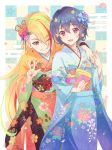  2girls :d arm_around_shoulder blonde_hair blue_flower blue_hair blue_kimono blush clenched_hand commentary_request e20 earrings eyes_visible_through_hair floral_print flower flower_knot green_ribbon grin hair_flower hair_ornament hair_over_one_eye hair_ribbon hand_on_another&#039;s_hand highres japanese_clothes jewelry kanzashi kimono long_hair long_sleeves mizuno_ai multicolored_hair multiple_girls nail_polish nikaidou_saki obi one_eye_closed open_mouth orange_eyes orange_kimono petals pink_nails purple_flower red_eyes red_flower red_hair ribbon sash short_hair smile streaked_hair tassel very_long_hair w wide_sleeves yellow_flower zombie_land_saga 