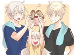  2boys ahoge arthur_pendragon_(fate) artoria_pendragon_(all) blonde_hair casual child closed_eyes closed_mouth coffee_milk fate/grand_order fate/prototype fate/stay_night fate_(series) genderswap genderswap_(ftm) hand_on_hip jeanne_d'arc_(alter)_(fate) jeanne_d'arc_(fate)_(all) jeanne_d'arc_alter_santa_lily long_hair multiple_boys multiple_persona open_mouth saber_alter seseragi_azuma shirt short_hair silver_hair simple_background smile strawberry_milk t-shirt toast_(gesture) towel towel_around_neck upper_body yellow_background yellow_eyes 