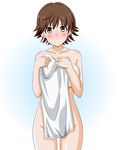 absurdres bangs bare_arms bare_shoulders blue_background blush breasts brown_eyes brown_hair collarbone commentary_request covering embarrassed eyebrows_visible_through_hair gradient gradient_background groin hands_on_own_chest highres holding holding_towel honda_mio idolmaster idolmaster_cinderella_girls looking_at_viewer medium_breasts nose_blush nude_cover short_hair sideboob solo takumi_(rozen_garten) tareme thighs towel 