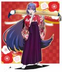  1girl aoba_(smartbeat) blue_eyes border checkered checkered_background commentary_request cross earrings eyebrows_visible_through_hair fate/grand_order fate_(series) floral_print giant_brush hakama highres japanese_clothes jewelry kimono light_blush long_hair one_eye_closed paint paintbrush purple_hair purple_hakama red_background ribbon saint_martha solo sweatdrop tabi tongue tongue_out very_long_hair white_border white_ribbon wrist_wrap 