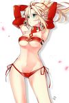  armpits arms_up ass_visible_through_thighs bandeau blonde_hair breasts closed_mouth detached_sleeves expressionless fate/apocrypha fate_(series) green_eyes hair_between_eyes looking_away manyako_(mohumohu) medium_breasts midriff mordred_(fate) mordred_(fate)_(all) navel panties petals ponytail red_panties side-tie_panties simple_background solo strapless underboob underwear white_background 
