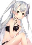  amatsukaze_(kantai_collection) bangs bare_arms bare_legs bare_shoulders black_bra black_panties blush bra closed_mouth criss-cross_halter halterneck highres kantai_collection long_hair looking_at_viewer navel panties parted_bangs shiny shiny_skin shirako_sei silver_hair simple_background sitting solo two_side_up underwear underwear_only very_long_hair white_background yellow_eyes 