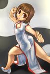  1girl ass brown_eyes brown_hair china_dress chinese_clothes dark_skin keychan nchallenge nchans short_hair sleeveless sleeveless_dress small_breasts solo suzumushi white_dress yin_yang 