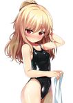  arm_up black_swimsuit blonde_hair borrowed_character breasts competition_swimsuit cowboy_shot eyebrows_visible_through_hair hair_between_eyes highleg highleg_swimsuit highres long_hair looking_at_viewer one-piece_swimsuit original ponytail shimejinameko small_breasts solo sparkle swimsuit wet wet_hair 