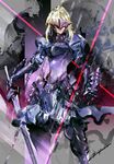  armor armored_boots armored_dress artoria_pendragon_(all) blonde_hair blue_armor boots breastplate closed_mouth dark_excalibur fate/stay_night fate_(series) gauntlets highres holding holding_sword holding_weapon ikuyoan lipstick makeup mask purple_lipstick saber_alter short_hair signature solo standing sword visor weapon 