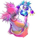  1girl capcom colorman_exe earring eyeshadow iroaya_madoi looking_at_viewer looking_back makeup pigtails pink_hair red_eyes rockman rockman_exe simple_background sitting smallres smile white_background 