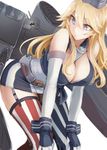  american_flag_legwear bare_shoulders belt blonde_hair blue_eyes breasts cleavage commentary_request elbow_gloves fairy_(kantai_collection) fingerless_gloves front-tie_top garter_straps gloves hair_between_eyes headgear iowa_(kantai_collection) kantai_collection large_breasts leaning_forward long_hair machinery miniskirt mismatched_legwear multiple_girls sidelocks skirt star star-shaped_pupils striped striped_legwear symbol-shaped_pupils thighhighs utopia vertical-striped_legwear vertical-striped_skirt vertical_stripes white_gloves 