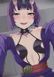  blush breasts collarbone fang fate/grand_order fate_(series) horns japanese_clothes kimono looking_at_viewer nuko_(mikupantu) oni oni_horns open_clothes open_mouth purple_eyes purple_hair shiny shiny_skin short_hair shuten_douji_(fate/grand_order) small_breasts smile solo sweat 