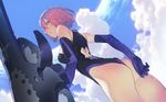  ass bare_shoulders cloud day elbow_gloves fate/grand_order fate_(series) from_below gloves lavender_eyes lavender_hair leotard looking_at_viewer looking_back mash_kyrielight outdoors parted_lips ryota-h shield short_hair sky solo thighs thong_leotard 