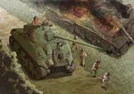  caterpillar_tracks earasensha grass ground_vehicle gun m4_sherman machine_gun military military_vehicle motor_vehicle multiple_boys real_life sherman_firefly tank tiger_i weapon 