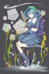  absurdres backpack bag blue_eyes blue_hair boots cattail closed_mouth da_malu green_hat hat highres kawashiro_nitori key looking_at_viewer plant short_twintails smile solo splashing touhou twintails water 