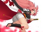  artist_name ass baiken bandages bent_over breasts cross-laced_footwear eyepatch facial_mark from_behind glint grin guilty_gear guilty_gear_xrd hand_on_hilt japanese_clothes katana kuroonehalf large_breasts long_hair looking_at_viewer looking_back obi open_toe_shoes pink_hair ponytail red_hair sash sheath sheathed shoes smile solo standing standing_on_one_leg sword thighs toes weapon 