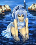  absurdres bare_shoulders bikini bikini_skirt blue_hair day frilled_bikini frills headgear highres long_hair looking_at_viewer ponytail puribate_(helgoland) signature sky smile solo swimsuit wading water wet wet_clothes yellow_eyes 
